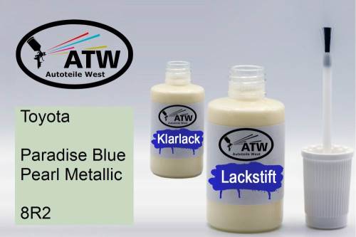 Toyota, Paradise Blue Pearl Metallic, 8R2: 20ml Lackstift + 20ml Klarlack - Set, von ATW Autoteile West.